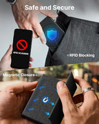 typecase Mens Wallet Card Holder: Pop Up Aluminum Case, Genuine Leather, Smart, RFID Blocking, Slim, Minimalist, Front Pocket - 9-14 Card Capacity | ID Window | Cash Slot (Deep Black)