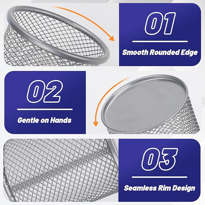 Segarty Pen Holder for Desk, 6 Pack Round Silver Pen Holder, Wire Mesh Pencil Cup Containers Set, Desktop Organizer for Office Supplies, School Classroom, Home, Makeup Brush