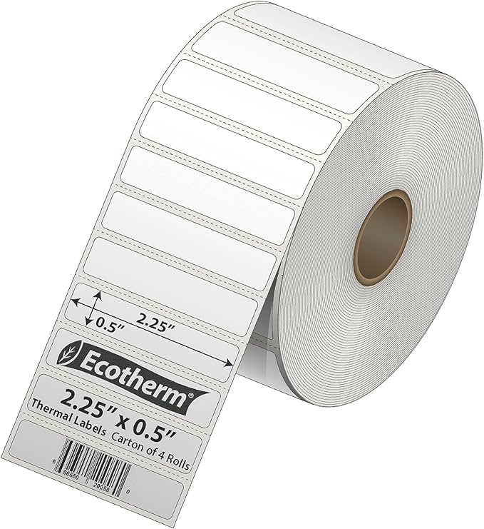 2.25" x .5" Thermal Labels | 4 Rolls | 13840 Labels | fits Zebra, Munbyn, Rollo, Godex, Arkscan, iDPRT, Offnova Thermal Label Printers and More | Blank White Adhesive Stickers by Ecotherm