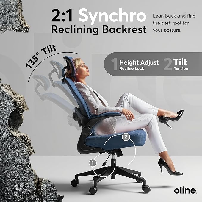 Oline ErgoAir Ergonomic Office Chair – Adjustable Lumbar Support, Flip-Up Armrests, Mesh Computer Desk Chair, Swivel Rolling Executive Gaming Chair for Home & Office (Navy Blue)