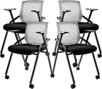 Conference Room Chairs, Folding Office Desk Chair with Lumbar Support and Sliding Armrest with Casters, Stackable Office Guest Chairs & Reception Chairs(4 Pack)