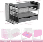 Wood Desk Organizers and Accessories with File Holder, 4-Tier Desk Accessories & Workspace Organizers with Drawer and Pen Holder, Paper Organizer for Office Supplies (Black)