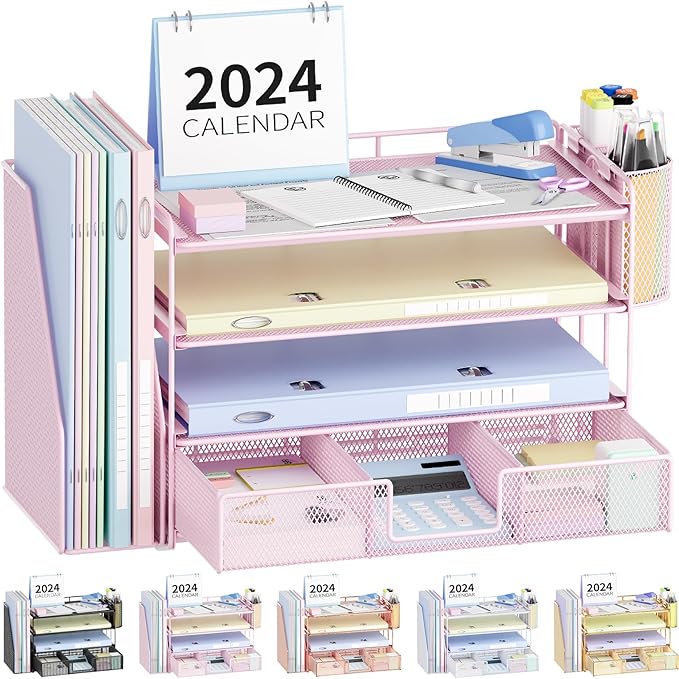 Desk Organizer and Accessories, 4-Tier Desktop File Organizer with Drawer and 2 Pen Holders, Office Desk Accessories for Office Supplies(Pink)