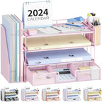 Desk Organizer and Accessories, 4-Tier Desktop File Organizer with Drawer and 2 Pen Holders, Office Desk Accessories for Office Supplies(Pink)