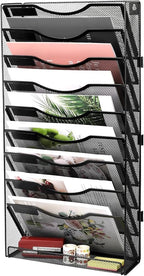 EasyPAG 10 Tier Wall File Holder with Flat Tray, Black | Easy Assemble Mesh Desk File Organizer | 9-Folder Paper Storage | Replaceable Classify Labels | Space Saving Mail Organizer for Office Home