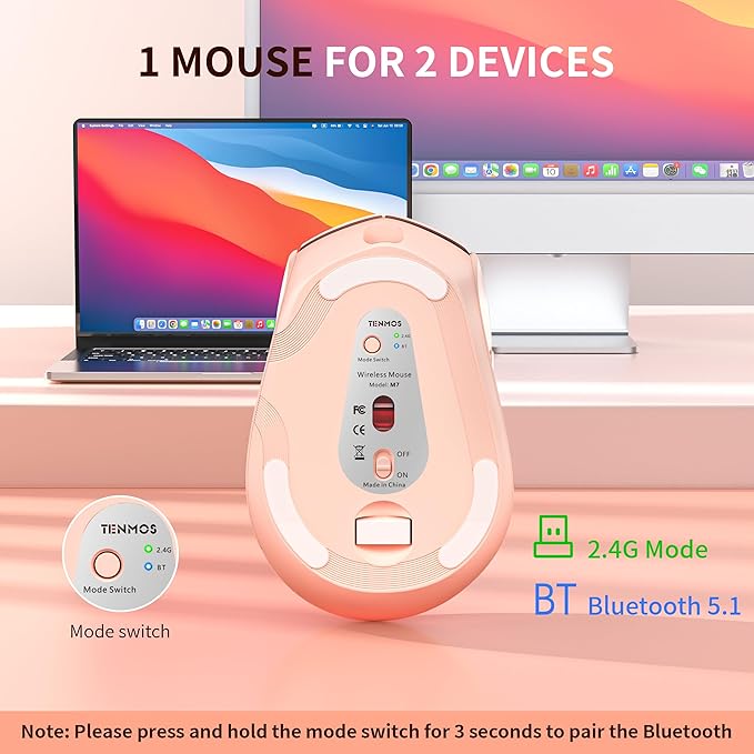 TENMOS M7 Bluetooth Mouse, Rechargeable Dual Mode BT5.1+ 2.4GHz USB Silent Wireless Bluetooth Mouse with Type C Adapter & Battery Indicator, Ergonomic Design for Laptop, iPad, MacBook - Light Pink