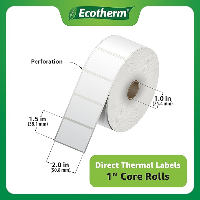 2" x 1.5" Thermal Labels | 6 Rolls | 8220 Labels | fits Zebra, Munbyn, Rollo, Godex, Arkscan, iDPRT, Offnova Thermal Label Printers and More | Blank White Adhesive Stickers by Ecotherm