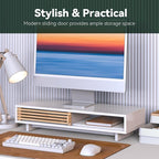 Monitor Stand Riser with Sliding Door, Computer Laptop Stand Desk Shelf Organizer with Storage (White + Natural Bamboo, 25 Inch)