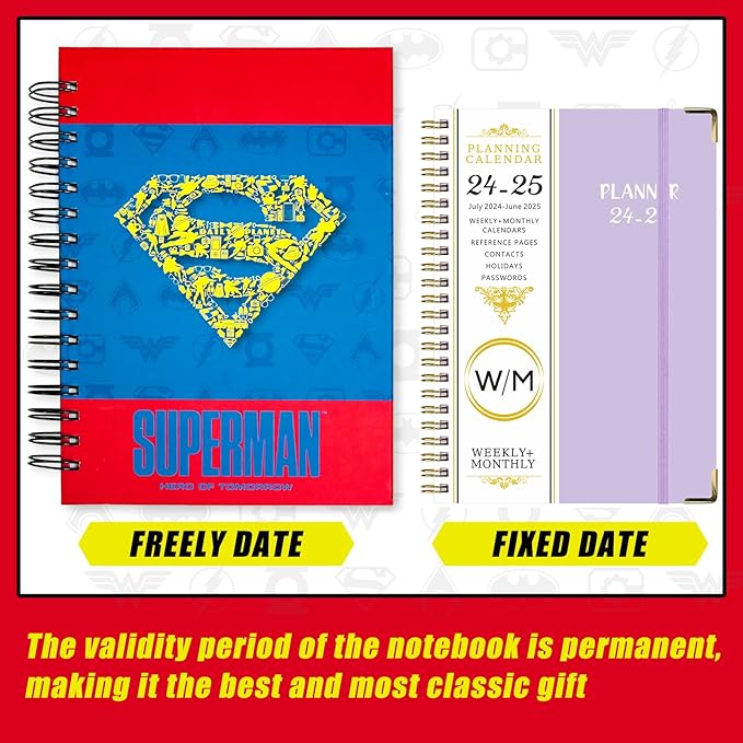 Superhero Academic Planner, Weekly Monthly Daily Agenda, Custom Date Organizer for Time Management, Spiral Bound Notebook with Colorful Tabs,Datebooks for Middle or High School Student (Blue Red)