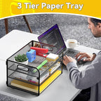 3-Tier Paper Letter Organizer Tray with Handle, Mesh Desk File Organizer for Office, Home, School - 2 Pack, Black