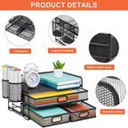 Marbrasse 3 Tier Mesh Desk Organizer with Drawer, Multi-Functional Desk Organizers and Accessories, Paper Letter Organizer with 2 Pen Holder for Home Office Supplies (Black)