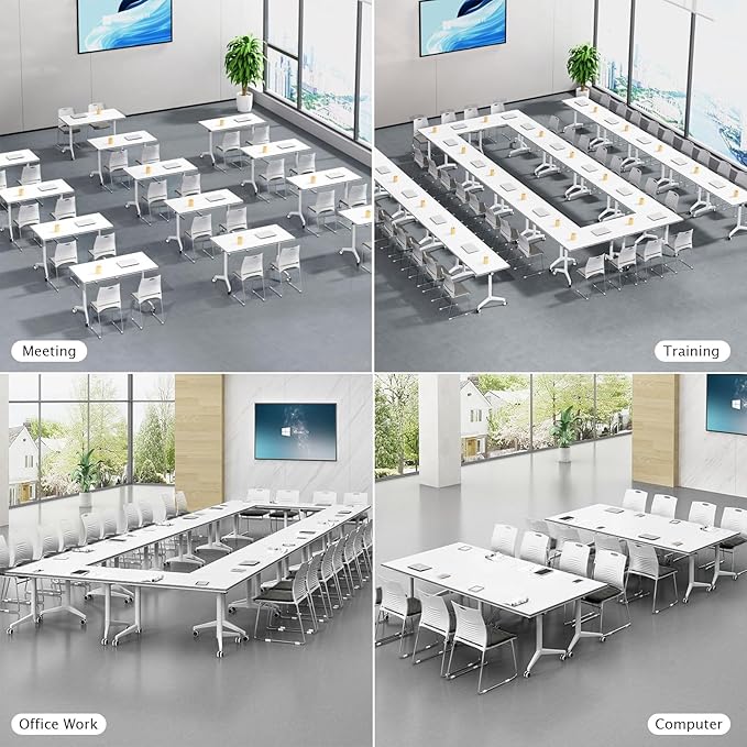 Conference Table Folding Conference Table, Modern Conference Room Table White Meeting Table Flip Top Large Mobile Training Table, Mobile Training Seminar Table for Office Classroom (4pack 70.8in)