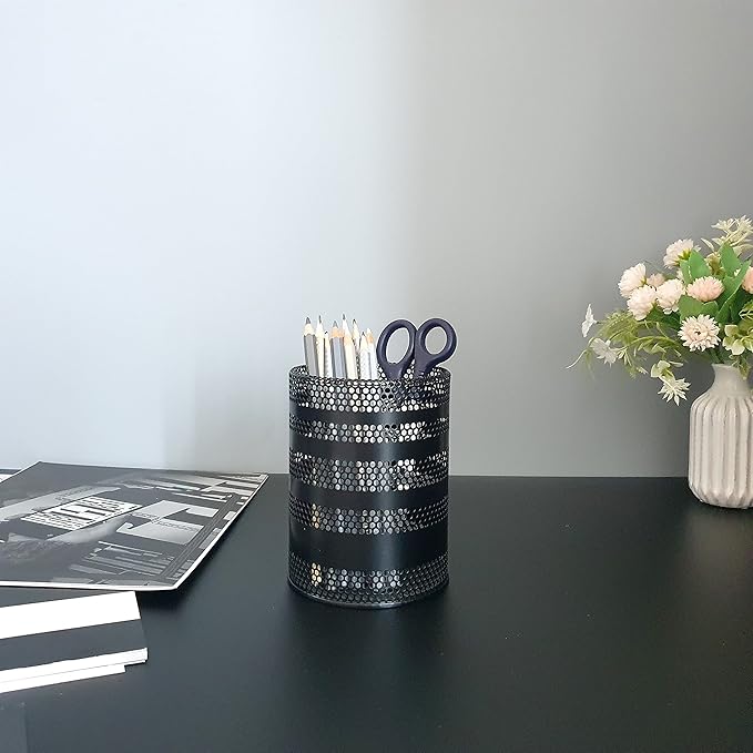 Metal Mesh Pen Pencil Cup Holder Stand Office Desk Organizer Stationery Caddy Makeup Brush Holder, Black (Large)