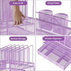 Marbrasse Desk Organizers, 4-Tier Mesh Desk File Organizer with 5 Vertical File Holders and 2 Pen Holders, Multifunction Desktop Organizer,Desk Organizers and Accessories for Home Office (Purple)