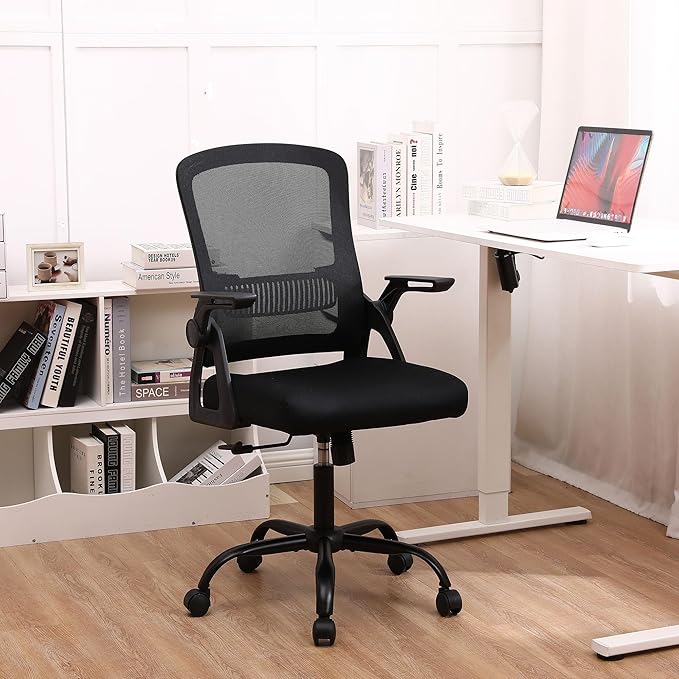 Modern Ergonomic Office Chair, Black, Mesh Back, Flip-up Armrests, Adjustable Height, 300 lbs Capacity