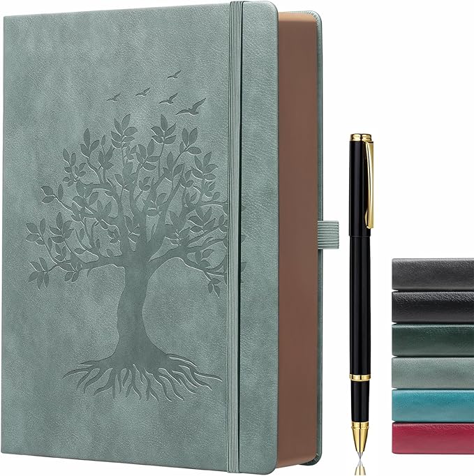 ZXHQ A4 360 Pages Lined Journaling Notebooks with Pen, Journals for Women Men Writing Notebook, Brown Edge, Hardcover, A4 Size 8.5'' x11'' Grey