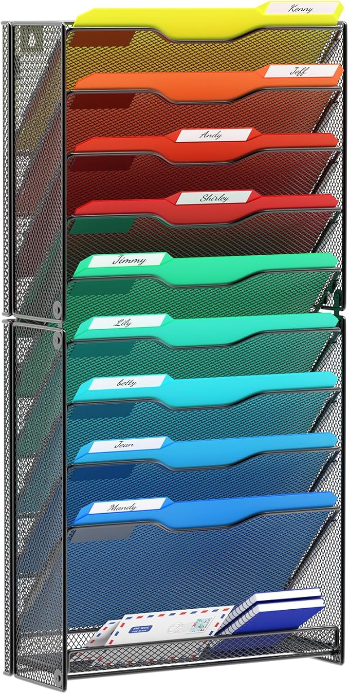 samstar 10 Tier Wall File Organizer, Hanging Wall Mount File Holder Paper Folder Mail Organizer, Mesh Metal, Black.
