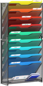 samstar 10 Tier Wall File Organizer, Hanging Wall Mount File Holder Paper Folder Mail Organizer, Mesh Metal, Black.