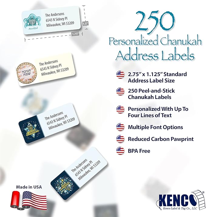 Customized Personalized Address Labels - Made in The USA by Kenco (500 Labels, Hannukah)