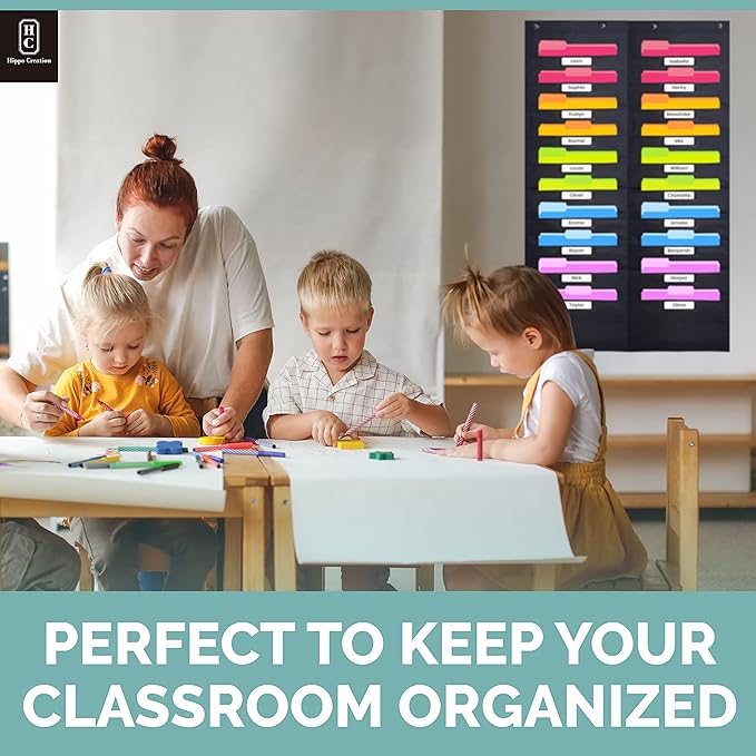 Hippo Creation Heavy Duty Storage Pocket Chart for Classroom, 20 Pocket Storage Organizer with 4 Over-Door Hangers, Hanging Wall Organizer for File Folders, School Mailbox, Home Office Papers - Black