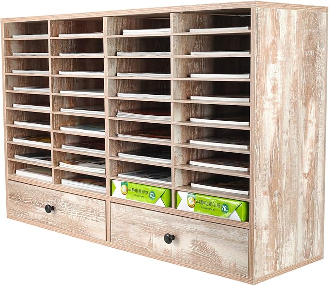 PAG Mail Sorter Organizer, Wood Literature Organizer, Student Mailbox for Classroom, Desktop Bill Paper Organizer for Office Home School, 38 Compartments, Retro White