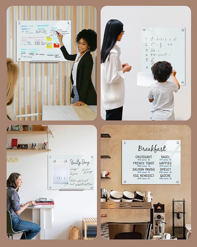 Magnetic Glass Whiteboard，24"x18" Wall Mounted Frameless Dry Erase Board for Office, Home & School White