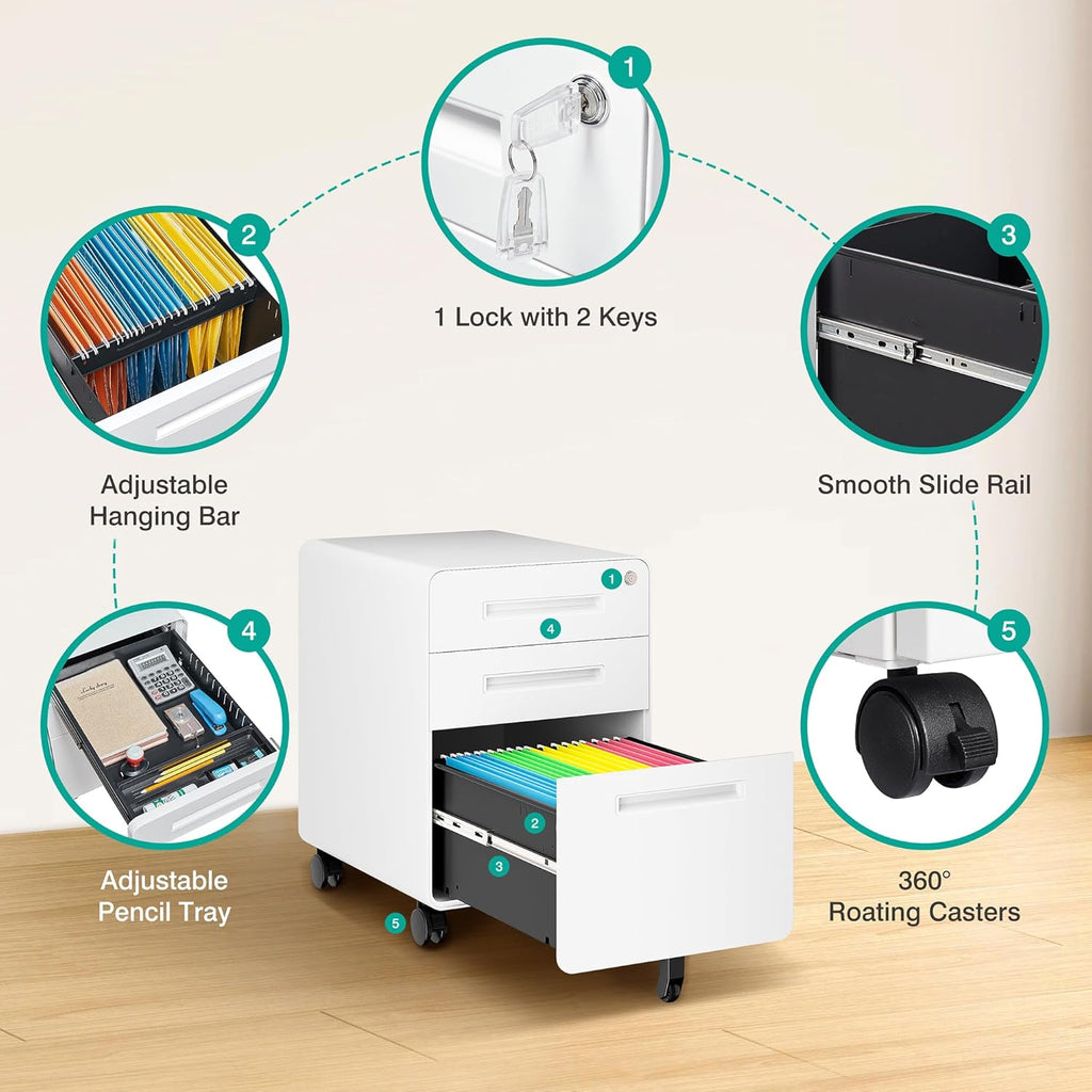 3 Drawer File Cabinet with Lock,Under Desk File Cabinet,White Rolling File Cabinet,Three Drawer Filing Cabinet for Home Office with Wheels,Fit A4/Letter/Legal File,Fully Assembled Except Casters