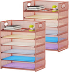 Marbrasse 2 Pack Desk Organizer with Handle, 6 Tier Paper Letter Tray, Mesh Desk File Organizer for Office, School and Home - Rose Gold