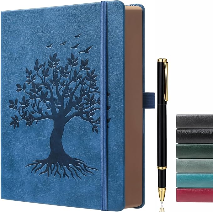 ZXHQ B5 360 Pages Lined Journaling Notebooks with Pen, Journals for Women Men Writing Notebook, Tree of Life Design, Brown Edge, Fine Inner Pocket - Blue