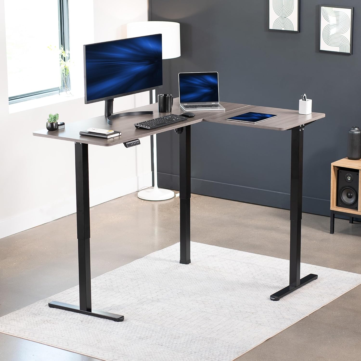 VIVO Electric Corner L-Shaped 63 x 47 in Standing Desk, Memory Height Adjustment, Dark Gray Top Black Frame, DESK-E3CTG-47