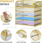 Marbrasse Paper Organizer Letter Tray, 5 Tier Mesh File Organizer with Handle, Paper Sorter Desk Organizer for Home Office Supplies - Gold