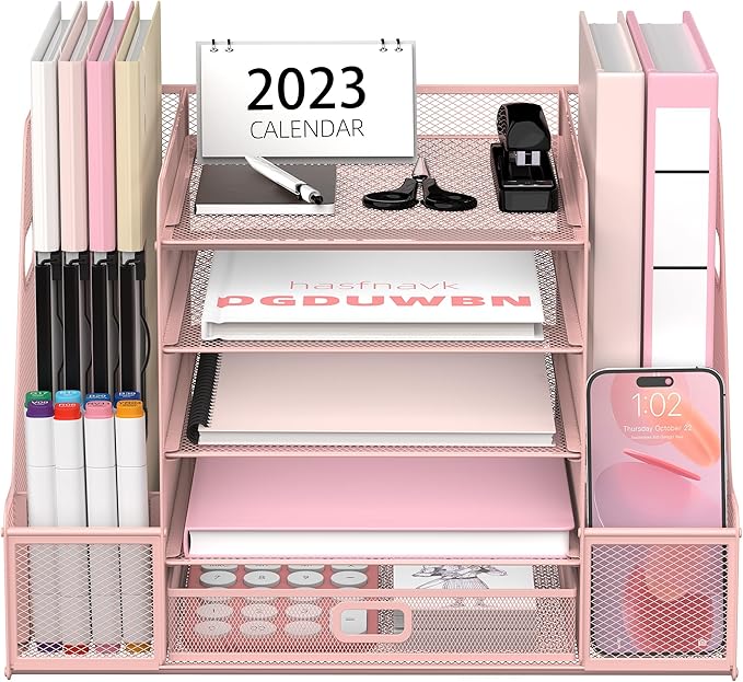 SUPEASY Mesh Desk Organizer with File Holder, 5-Tier Paper Letter Tray Organizer with Magazine Holder, Desktop Organizer and Storage with Drawer for Office Supplies Home or School, Pink