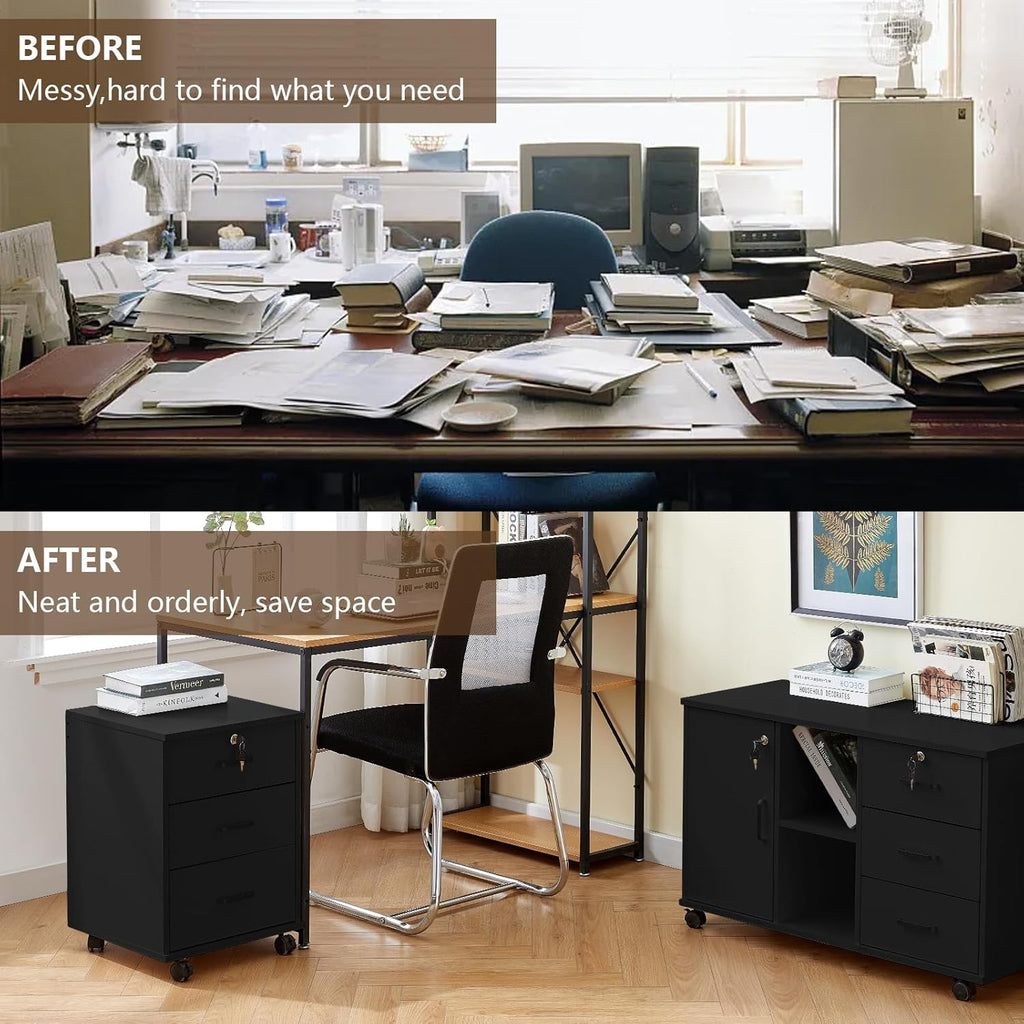 TUKAILAi Mobile File Cabinet with 3 Drawers, Lockable Storage Unit Wooden Rolling Office Filing Cabinet with Wheels, for Legal/Letter/A4 Sized Documents Home Office (Black 1PCS)