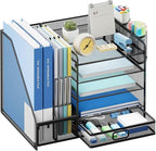 Lavatino Desk Organizer with File Holder, 5-Tier Paper Letter Tray Organizer with Sliding Drawer and 2 Pen Holder, Mesh Desktop File Organizer for Office Supplies (Black)