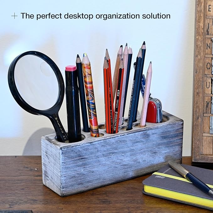 Whitewashed Wooden Pen Holder, Grey Solid Wood Desk Organizer, Rustic Paint Brush Holder and Art Supplies Organizer