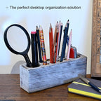 Whitewashed Wooden Pen Holder, Grey Solid Wood Desk Organizer, Rustic Paint Brush Holder and Art Supplies Organizer