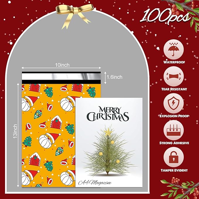 Christmas Poly Mailer 10x13 Inch 100 Pcs, Waterproof Shipping Bags for Clothing, Tear-Resistant Mailier, Strong Mailing With Self-Seal - Santa Claus Printed