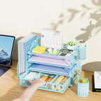 Marbrasse Desk Organizer and Accessories，4-Tier Paper Letter Tray Organizer with File Holder, Desk Accessories & Workspace Organizers with Drawer and 2 Pen Holder (Blue, 15.4" x 9.1" x 8.3")