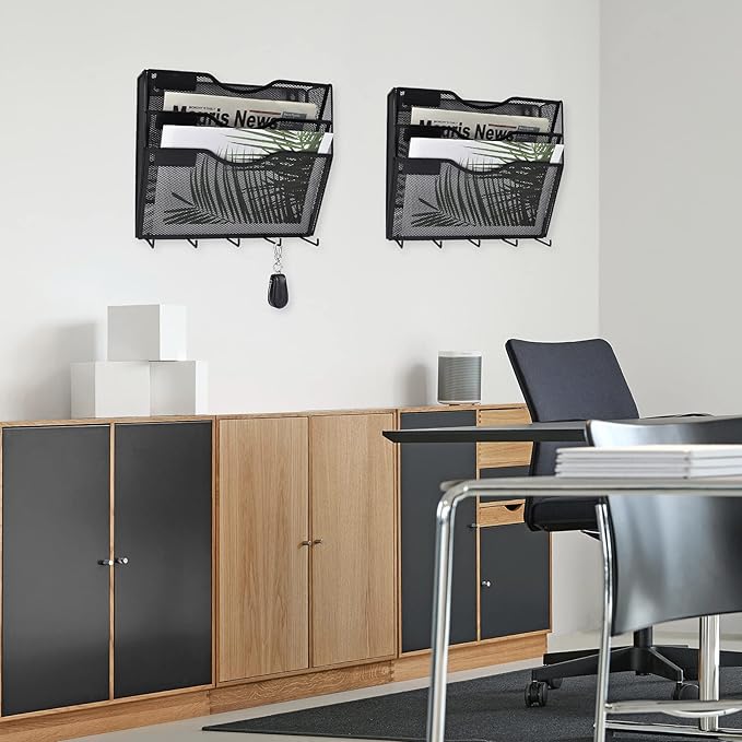 EASEPRES 3 Pocket Mesh Hanging File Organizer with Key Holder Hooks & Nametag Label, Wall Mounted Mail Paper Document Folder Clipboard Storage Organization Magazine Rack for Office Cubicle, Black