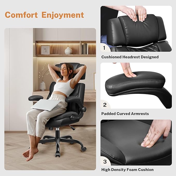 Office Chair Flip Up Arms, Executive Leather Office Chair Ergonomic Desk Chair with Lumbar Support, Adjustable Headrest, Computer Chair Home Office Desk Chair with Rocking Function