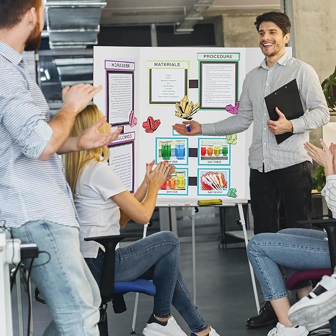 8 Pcs Trifold Display Board 36"x 48" Large White Presentation Board with Board Headers 8 Science Subtitles 64 Black Edge Self Adhesive Paper Poster Board for School Projects and Business Presentations