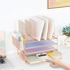 Desk Organizer with 5 Vertical File Holders, 3-Tier Paper Organizer and Drawer, Desk Accessories in Rose Gold