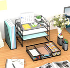 Marbrasse Desk Organizer and Accessories，4-Tier Paper Letter Tray Organizer with File Holder, Desk Accessories & Workspace Organizers with Drawer and 2 Pen Holder (Black, 15.4" x 9.1" x 8.3")