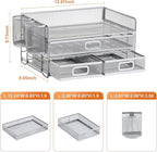 Marbrasse 3 Tier Mesh Desk Organizer with Drawer, Multi-Functional Desk Organizers and Accessories, Paper Letter Organizer with 2 Pen Holder for Home Office Supplies (Silver)