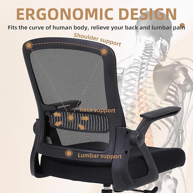 Office Chair, Ergonomic Desk Chair with Lumbar Support, Breathable Mesh Chair with Flip-up Armrests and Mid Back, Comfy Task Computer Height Adjustable Swivel Chair (1, Black)