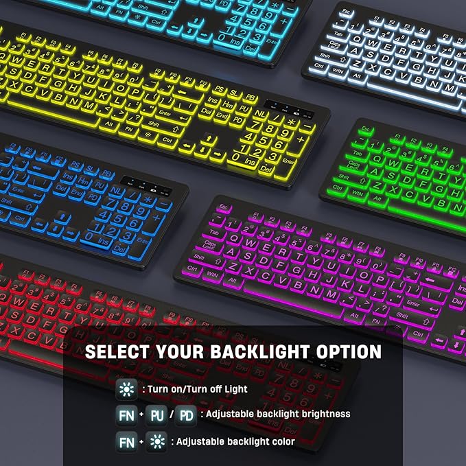 Large Print Backlit Wireless Keyboard, 2.4G Silent Wireless Light Up Keyboard, Full Size Computer Keyboards with 7 Colored Backlits, Rechargeable Keyboards for Windows, PC, Laptop