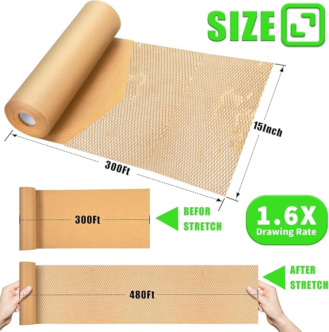 Honeycomb Packing Paper, MINHAO 15"x300' Eco Friendly Packing Paper for Moving Recyclable Honeycomb Paper Moving Supplies Bubble Paper Wrapping Protective Roll, With 36 Fragile Sticker Labels
