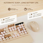 Wireless Keyboard and Mouse Combo, Round Keycaps, Full-Size Retro Typewriter Keyboard with Detachable Wrist Rest, Sleep Mode & Tilt Legs, 2.4GHz Cordless Connection for Mac/Windows/PC (Latte)
