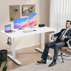 Himimi Electric Standing Desk 55 x 24 inch for Home Office,Sit-Stand Adjustable Desk with Memory Presets,Height Adjustable Desk for Gaming/Working,Free Hook, Lockable Wheels,Mouse Pad,White