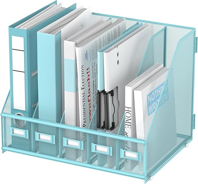 SUPEASY Desk Organizers Metal Desk Magazine File Holder with 5 Vertical Compartments Rack File Organizer for Office Desktop, Home Workspace, Blue Plus
